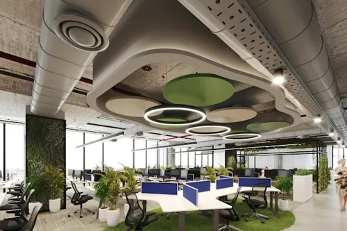 Hidden ductwork and aesthetic vent placement in office
