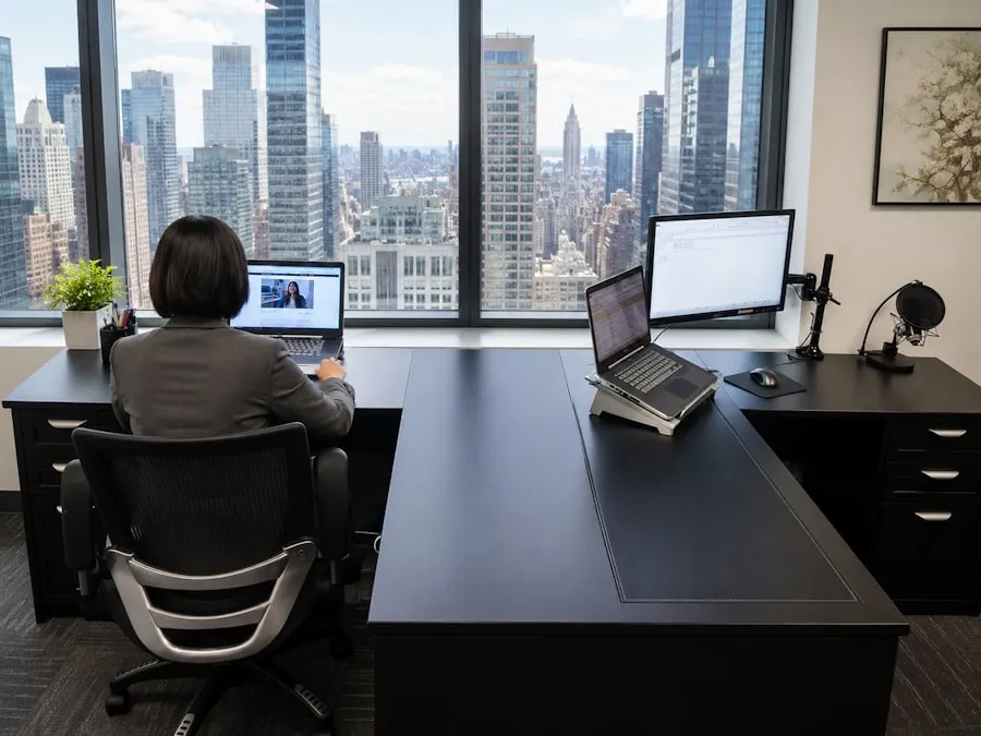 Premium executive office desk overlooking the Chennai city skyline