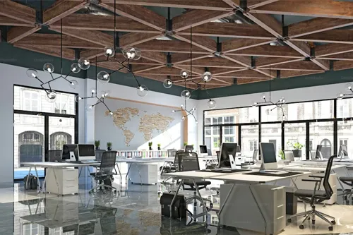 Functional dropped ceiling layer for commercial workspaces