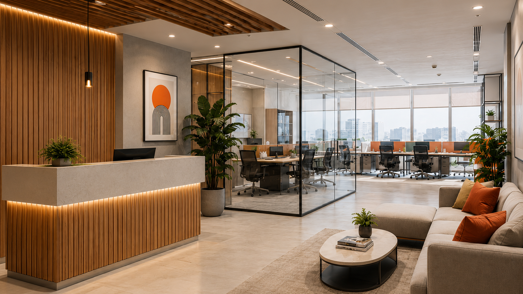 Orange Interior designed office reception and lounge in Chennai